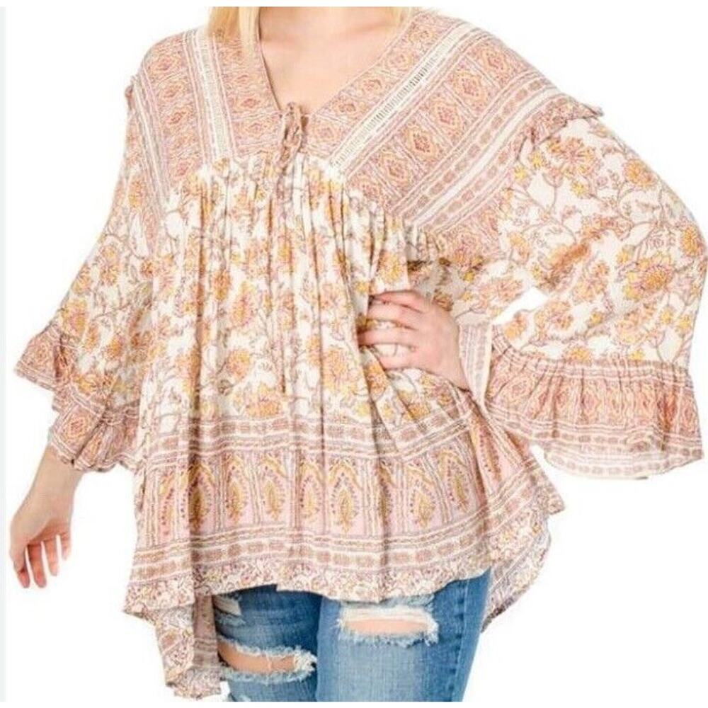 FREE PEOPLE Moonlight Dance Tunic Boho Floral Top size XS Peasant Cottage